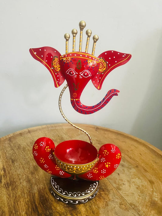 Handcrafted Iron Ganesha Lamp- Auspicious Red & Gold