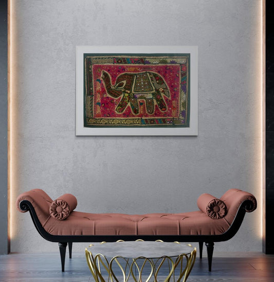 Handcrafted Indian Elephant Tapestry – Traditional Embroidered Wall Art