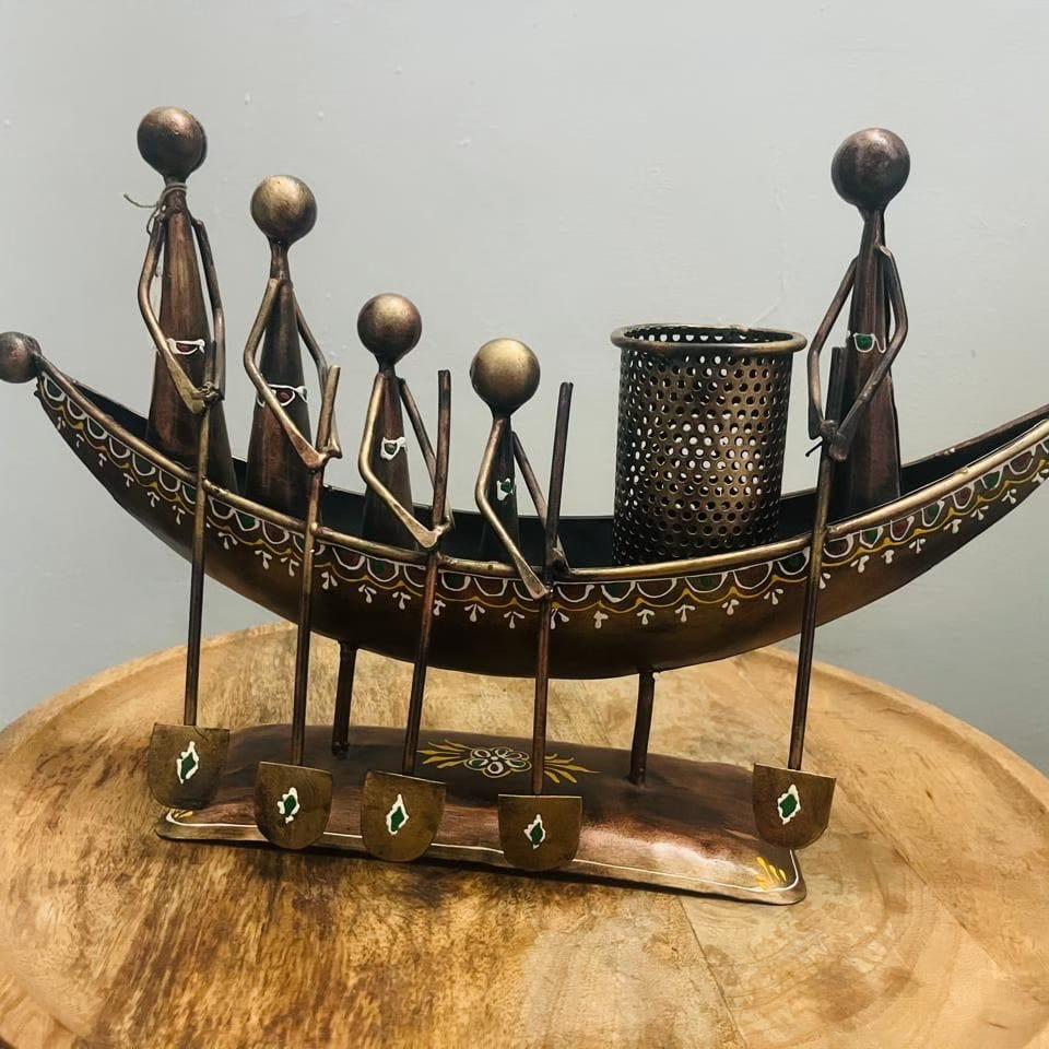Bastar Art Inspired Metal Rowing Boat Pen Holder - Handcrafted Desk Decor