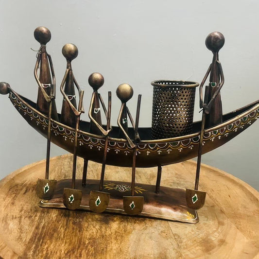Bastar Art Inspired Metal Rowing Boat Pen Holder - Handcrafted Desk Decor